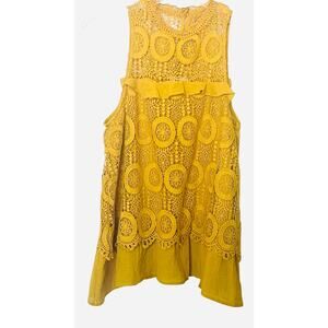 LOVE IN SLEEVELESS HI NECK DRESSY PULL-OVER CROCHETED BLOUSE, WOMENS, L, YELLOW